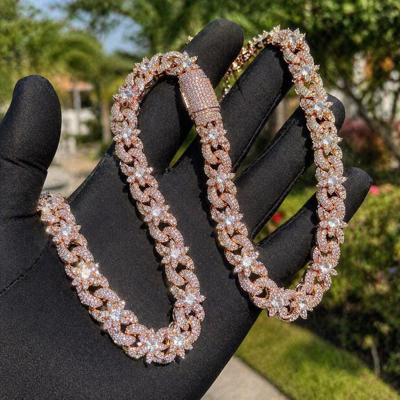 Massive 15mm VVS1 Moissanite Iced Out Flower Cuban Chain, Heavy Baguette Clasp Choker Silver Gold Rose Gold Plated
