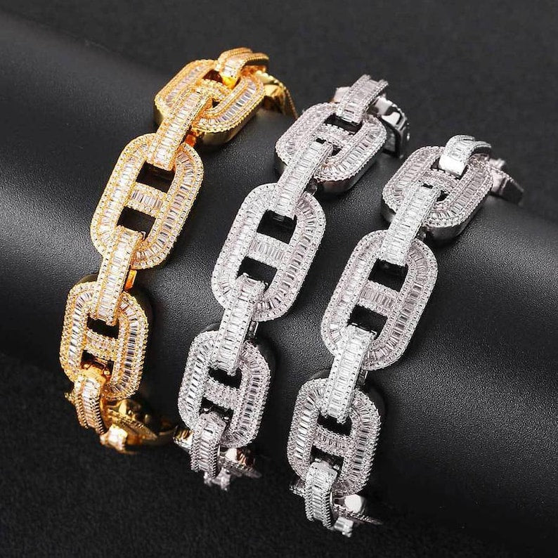 VVS1 Moissanite Bustdown Chain Bracelet Iced Out 100% Pure 925 Silver 14k Gold or White Gold Plating