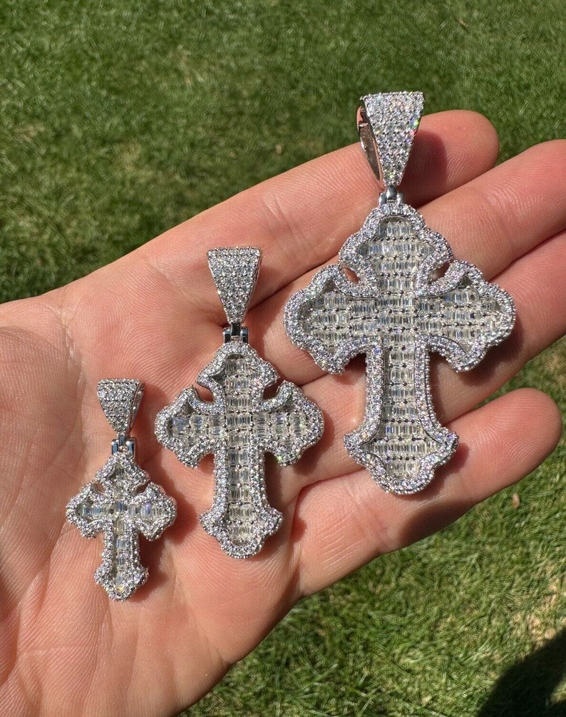 Iced Out VVS1 Moissanite Cross Baguette Pendant 925 Sterling Silver