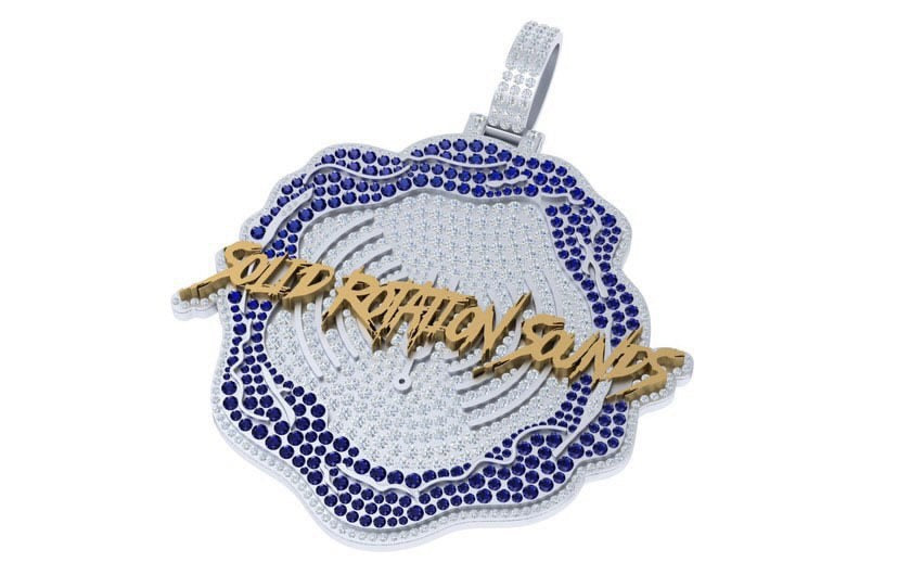 ARVANI 305 Solid Rotations Sounds custom pendant with gold script lettering and pave moissanite sapphire frame, isolated on white background