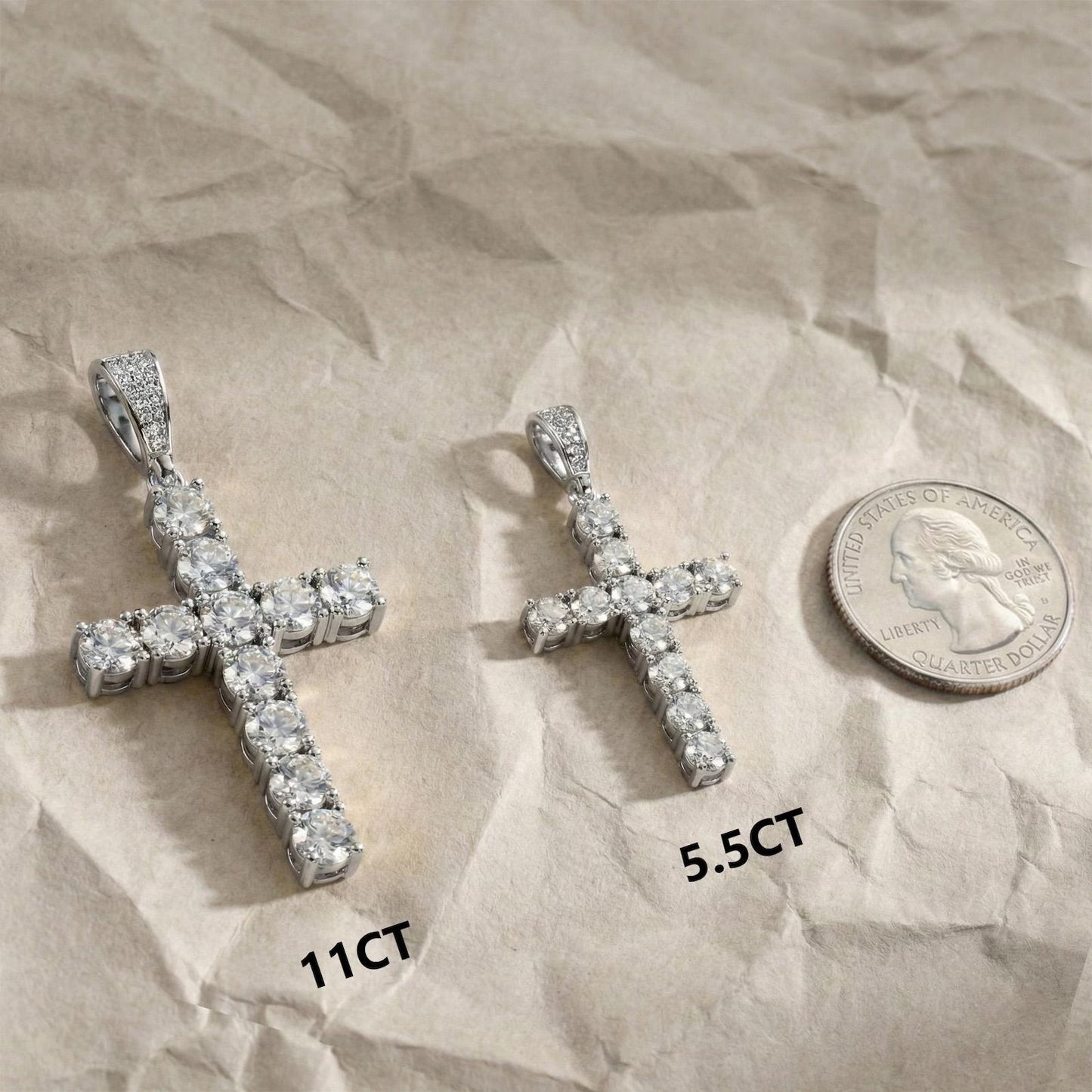 Arvani 11ct moissanite cross pendant, full iced-out cross baguette pendant display