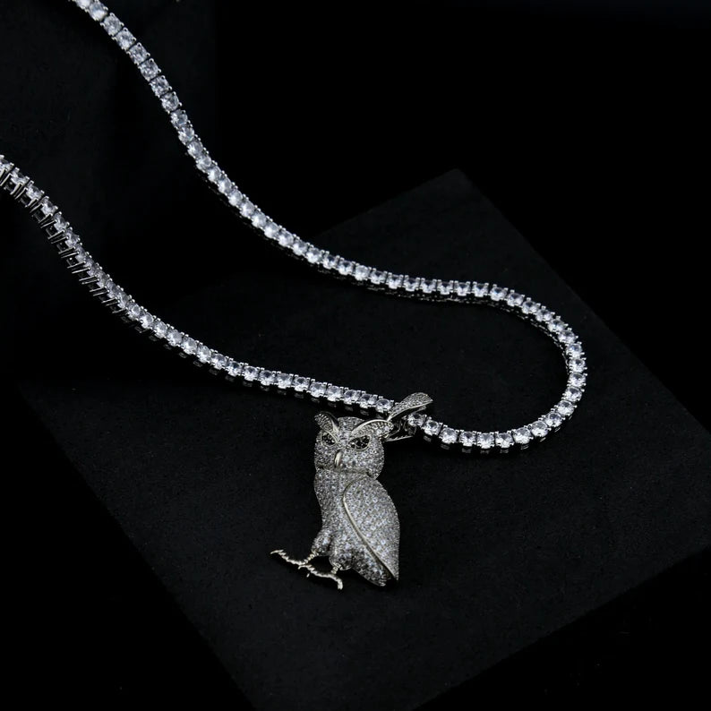 Iced Out Owl Pendant and Necklace Moissanite 14K Yellow Gold or Silver Finish