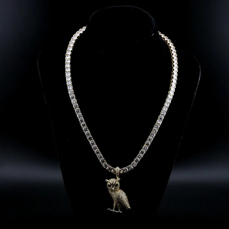 Oliver's Iced Out Owl Pendant - Moissanite 14k Yellow Gold Plated 925 Silver Base