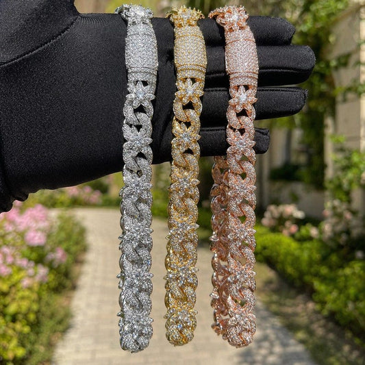 Arvani 15mm Flower Cuban chain in solid .925 sterling silver with VVS1 moissanite