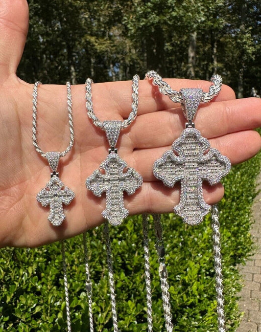 Arvani iced-out VVS1 moissanite cross baguette pendant in 925 sterling silver