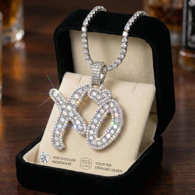 VVS Moissanite 'XO' Pendant Necklace Pure 925 Sterling Silver White Rose Gold Color