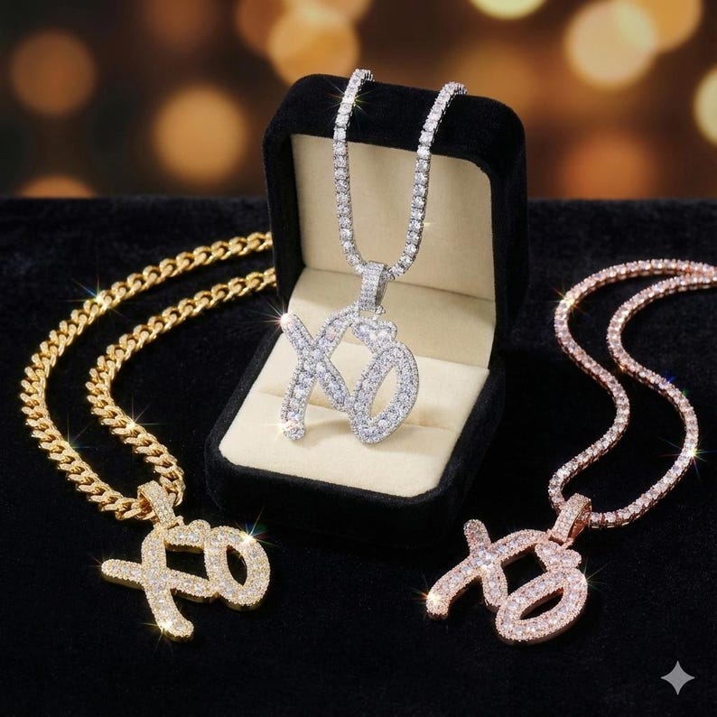 VVS Moissanite 'XO' Pendant Necklace Pure 925 Sterling Silver White Rose Gold Color