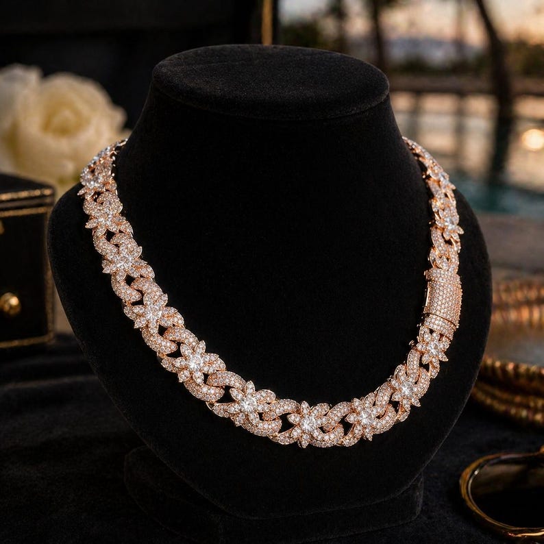 Massive 15mm VVS1 Moissanite Iced Out Flower Cuban Chain, Heavy Baguette Clasp Choker Silver Gold Rose Gold Plated