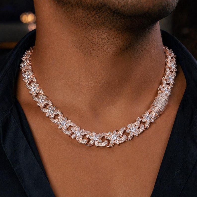 Massive 15mm VVS1 Moissanite Iced Out Flower Cuban Chain, Heavy Baguette Clasp Choker Silver Gold Rose Gold Plated