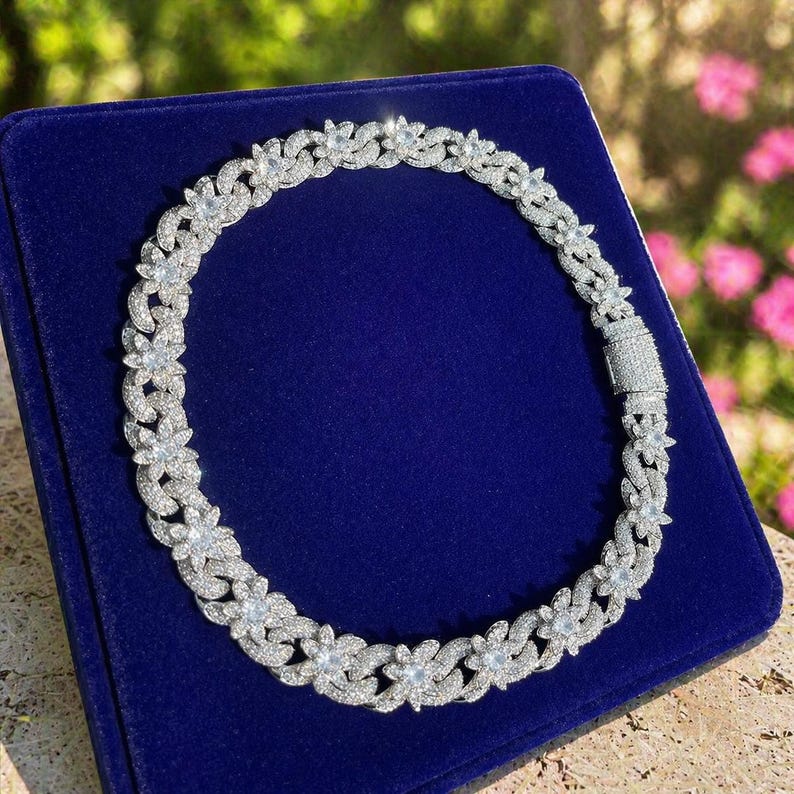 Massive 15mm VVS1 Moissanite Iced Out Flower Cuban Chain, Heavy Baguette Clasp Choker Silver Gold Rose Gold Plated
