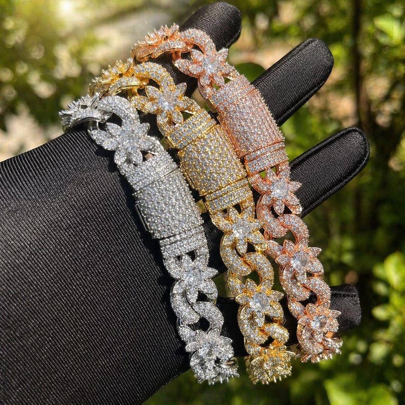 Massive 15mm VVS1 Moissanite Iced Out Flower Cuban Chain, Heavy Baguette Clasp Choker Silver Gold Rose Gold Plated