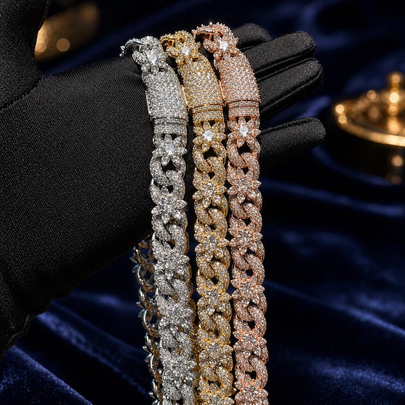 Massive 15mm VVS1 Moissanite Iced Out Flower Cuban Chain, Heavy Baguette Clasp Choker Silver Gold Rose Gold Plated