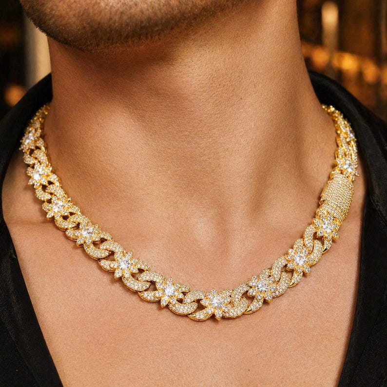 Massive 15mm VVS1 Moissanite Iced Out Flower Cuban Chain, Heavy Baguette Clasp Choker Silver Gold Rose Gold Plated