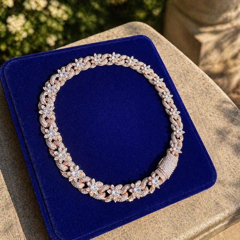 Massive 15mm VVS1 Moissanite Iced Out Flower Cuban Chain, Heavy Baguette Clasp Choker Silver Gold Rose Gold Plated