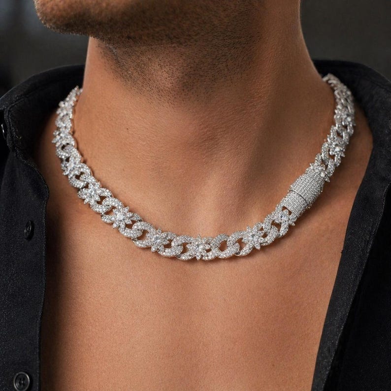 Massive 15mm VVS1 Moissanite Iced Out Flower Cuban Chain, Heavy Baguette Clasp Choker Silver Gold Rose Gold Plated