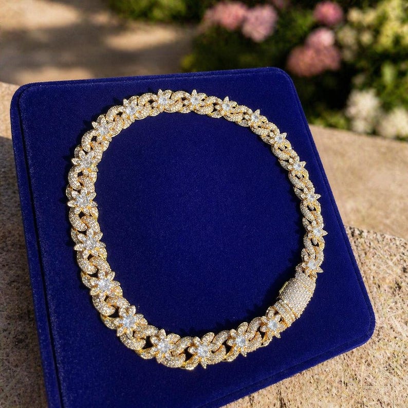 Massive 15mm VVS1 Moissanite Iced Out Flower Cuban Chain, Heavy Baguette Clasp Choker Silver Gold Rose Gold Plated