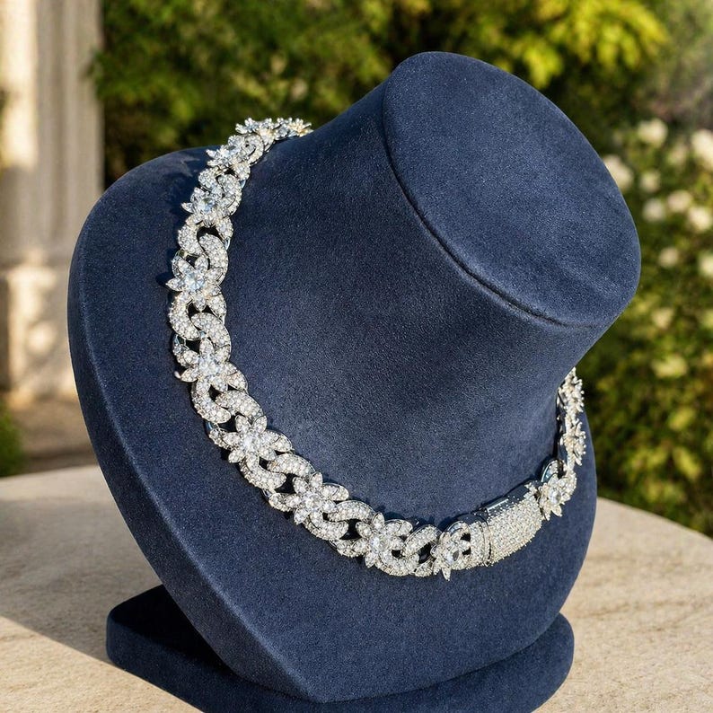 Massive 15mm VVS1 Moissanite Iced Out Flower Cuban Chain, Heavy Baguette Clasp Choker Silver Gold Rose Gold Plated