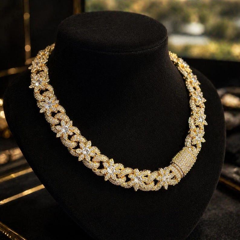 Massive 15mm VVS1 Moissanite Iced Out Flower Cuban Chain, Heavy Baguette Clasp Choker Silver Gold Rose Gold Plated