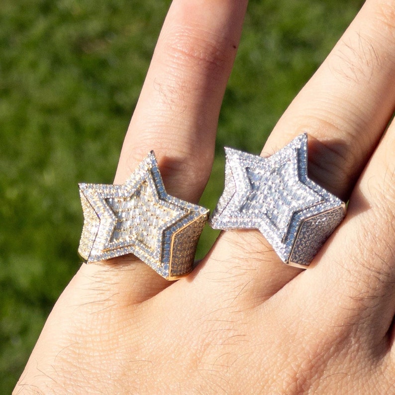 Iced Out Moissanite VVS1 Star Ring 14k Yellow or White Gold Plating Pure Silver Passes Diamond Tester