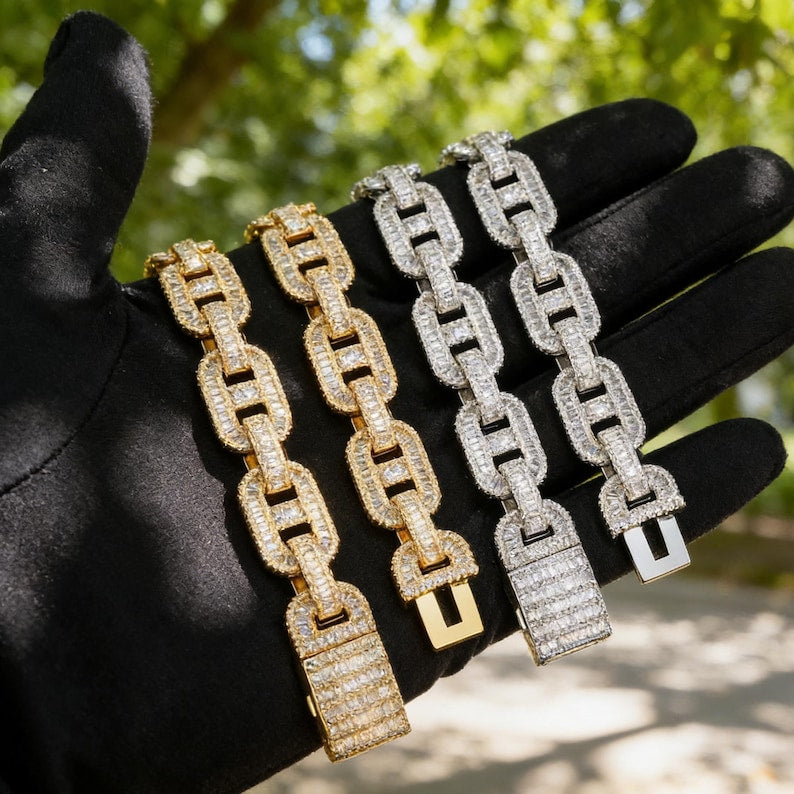 VVS1 Moissanite Bustdown Chain Bracelet Iced Out 100% Pure 925 Silver 14k Gold or White Gold Plating