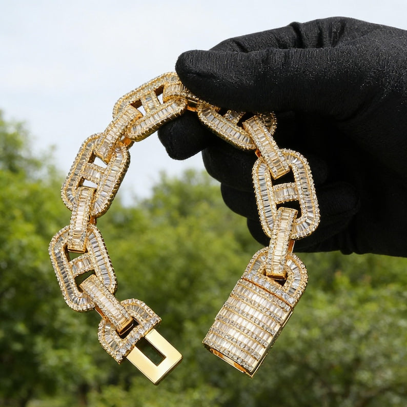 VVS1 Moissanite Bustdown Chain Bracelet Iced Out 100% Pure 925 Silver 14k Gold or White Gold Plating