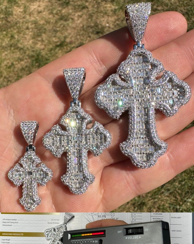 Iced Out VVS1 Moissanite Cross Baguette Pendant 925 Sterling Silver