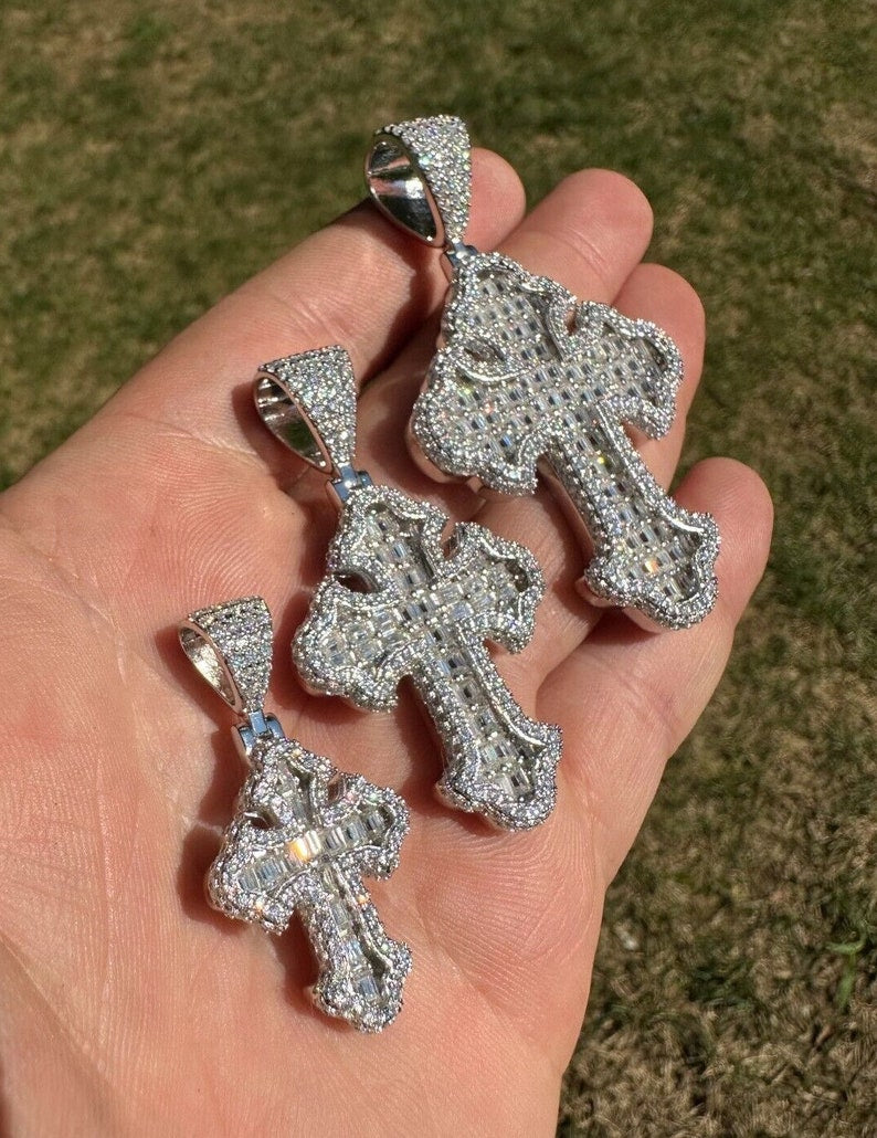Iced Out VVS1 Moissanite Cross Baguette Pendant 925 Sterling Silver