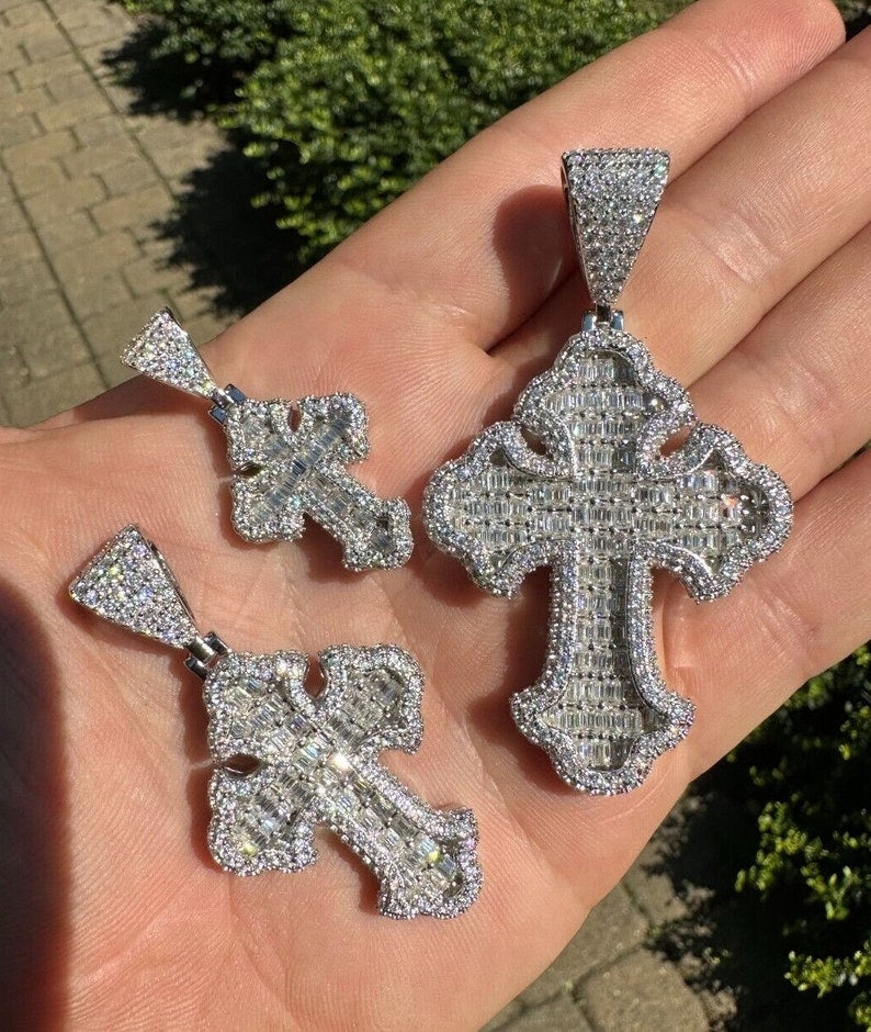 Iced Out VVS1 Moissanite Cross Baguette Pendant 925 Sterling Silver