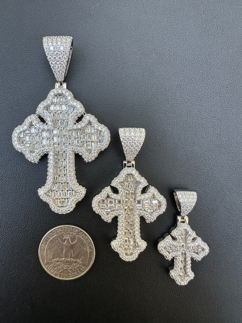 Iced Out VVS1 Moissanite Cross Baguette Pendant 925 Sterling Silver