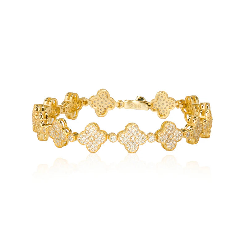 ARVANI 305 Clover Leaf Bracelet - 14K Yellow Gold plated 15mm moissanite clover-link bracelet on white background