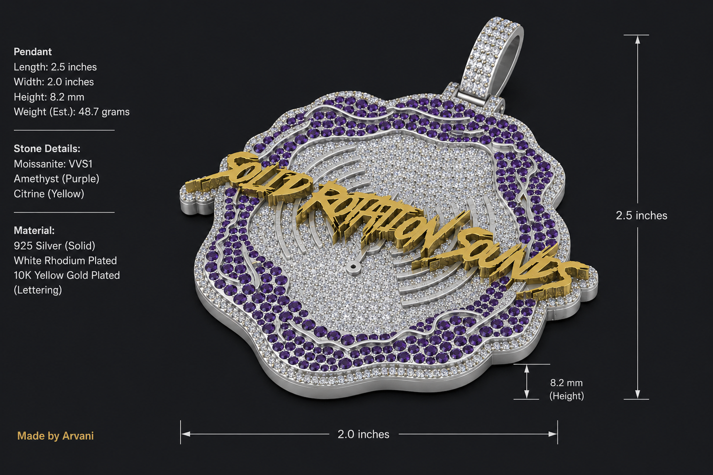 [Custom] @whoisfeenix 'Solid Rotations Sounds' VVS1 Moissanite Pendant 2.5" x 2" | Silver, Amethyst, Citrine
