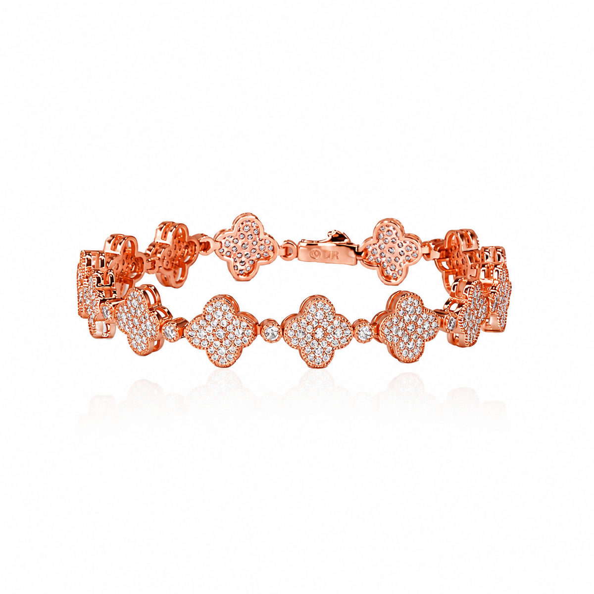 ARVANI 305 Clover Leaf Bracelet - 14K Rose Gold plated 15mm moissanite clover-link bracelet on white background