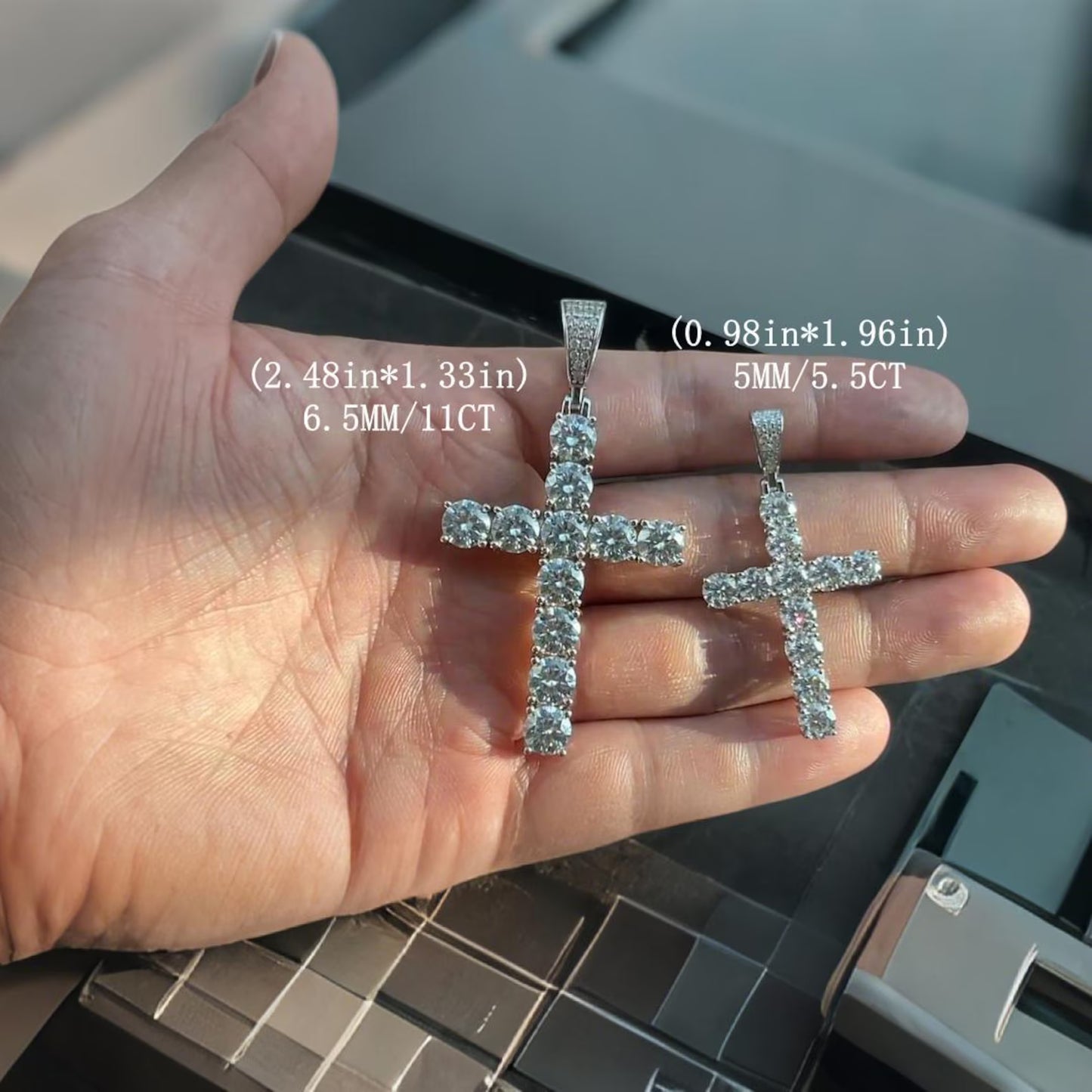Arvani moissanite cross pendant, iced-out 11 carat cross pendant angled view