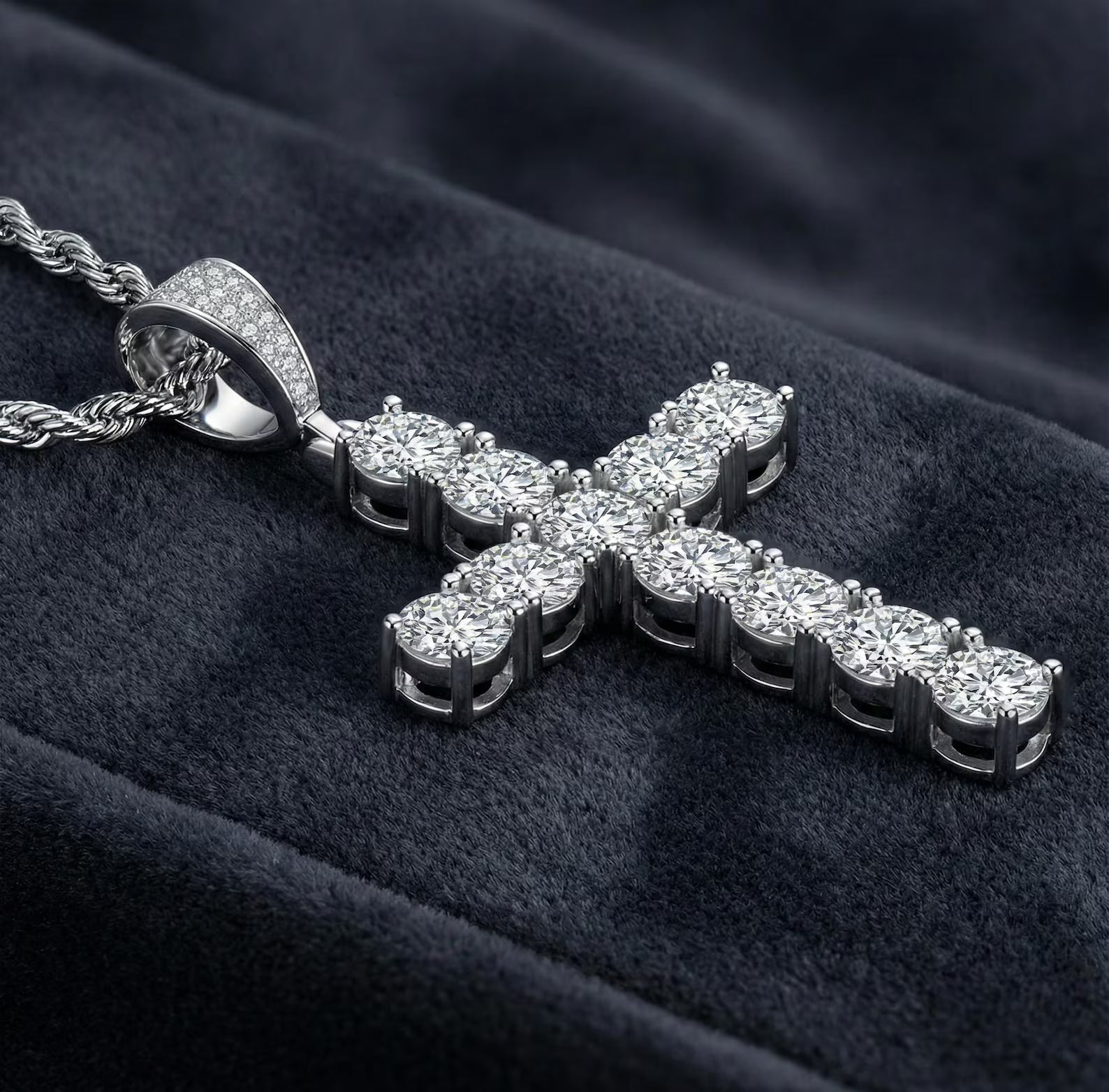 Arvani 11ct moissanite cross pendant in solid .925 sterling silver, iced-out baguette cross