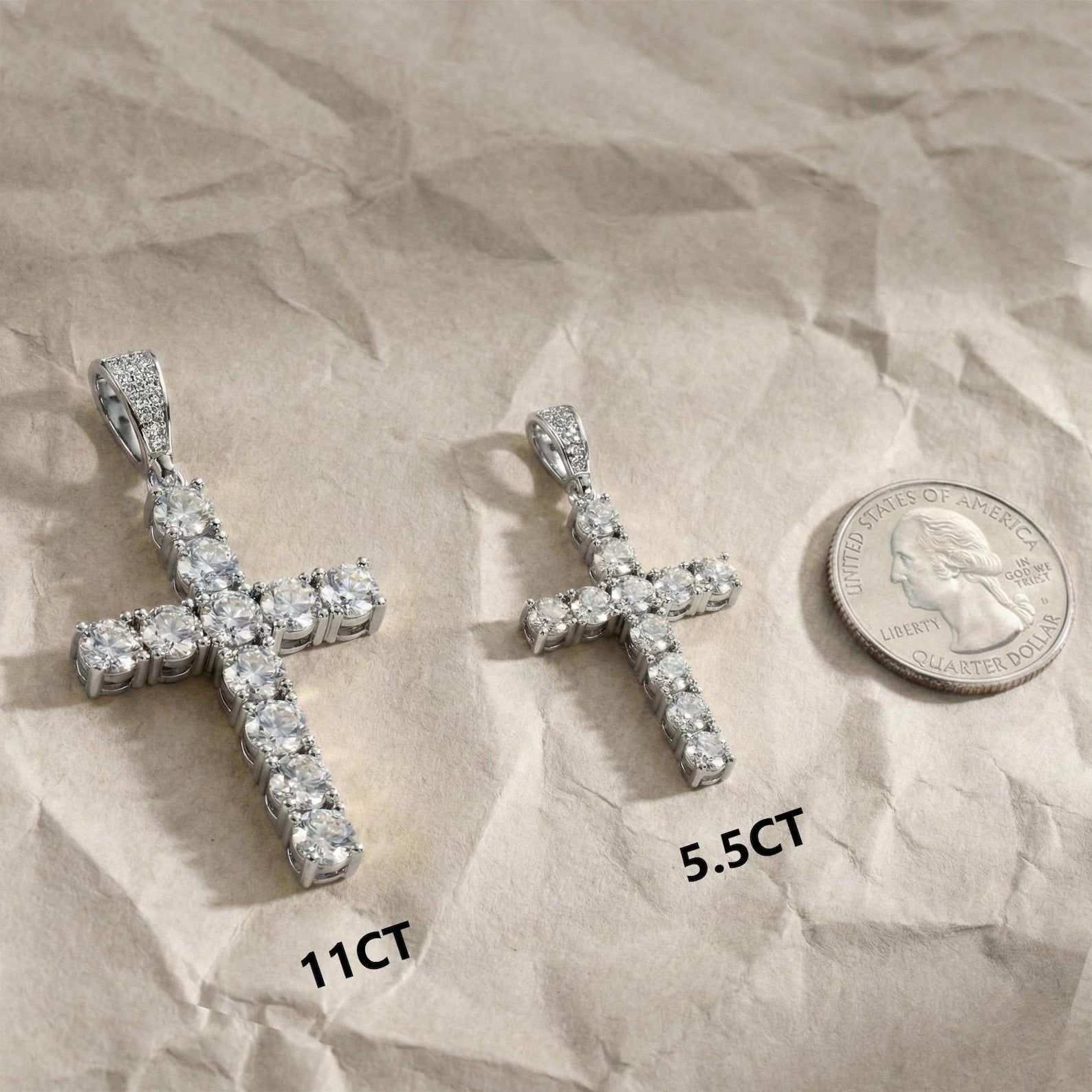 Arvani 11ct moissanite cross pendant, full iced-out cross baguette pendant display