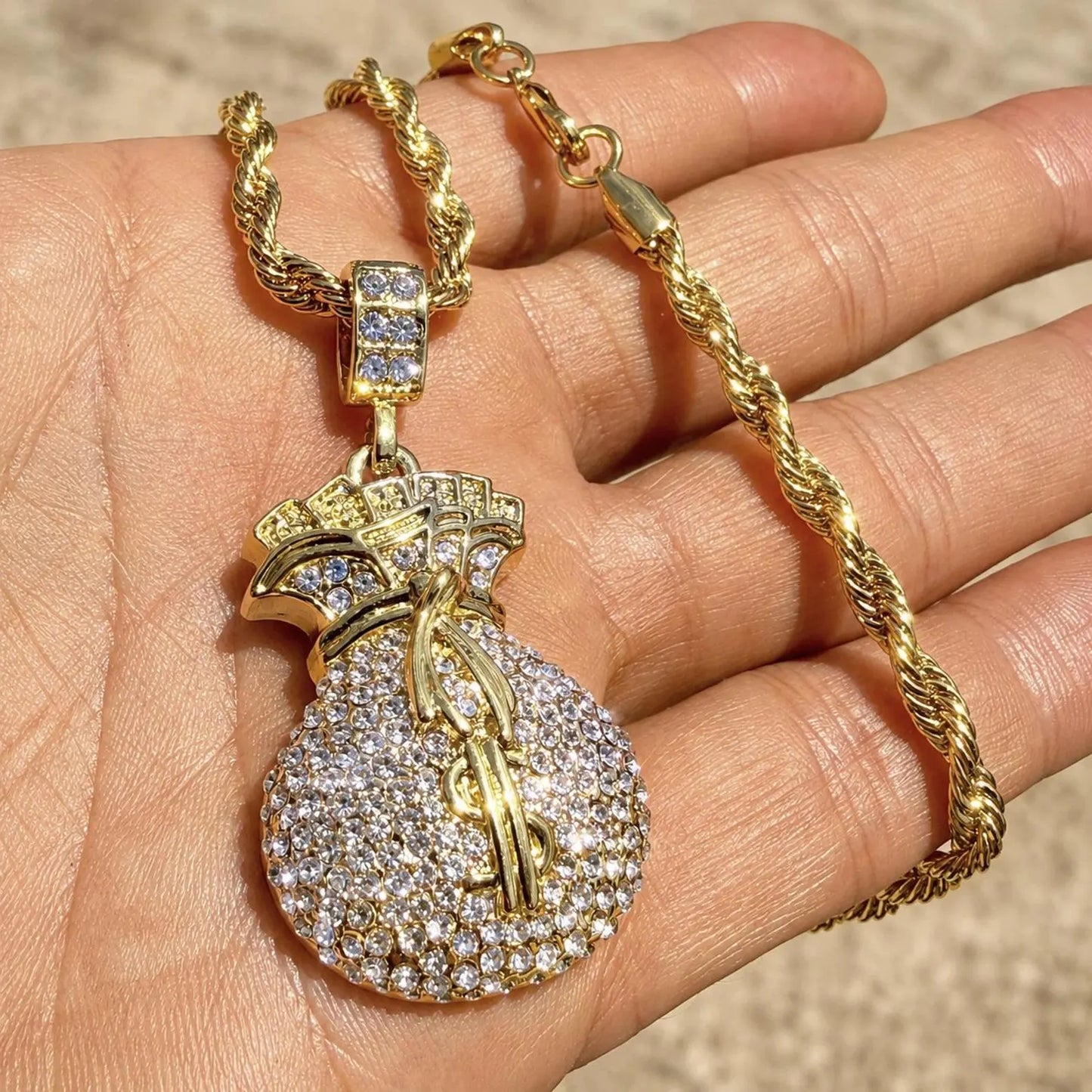 Arvani 14K gold plated CZ money dollar sign pendant with 24 inch rope chain, iced-out hip-hop pendant