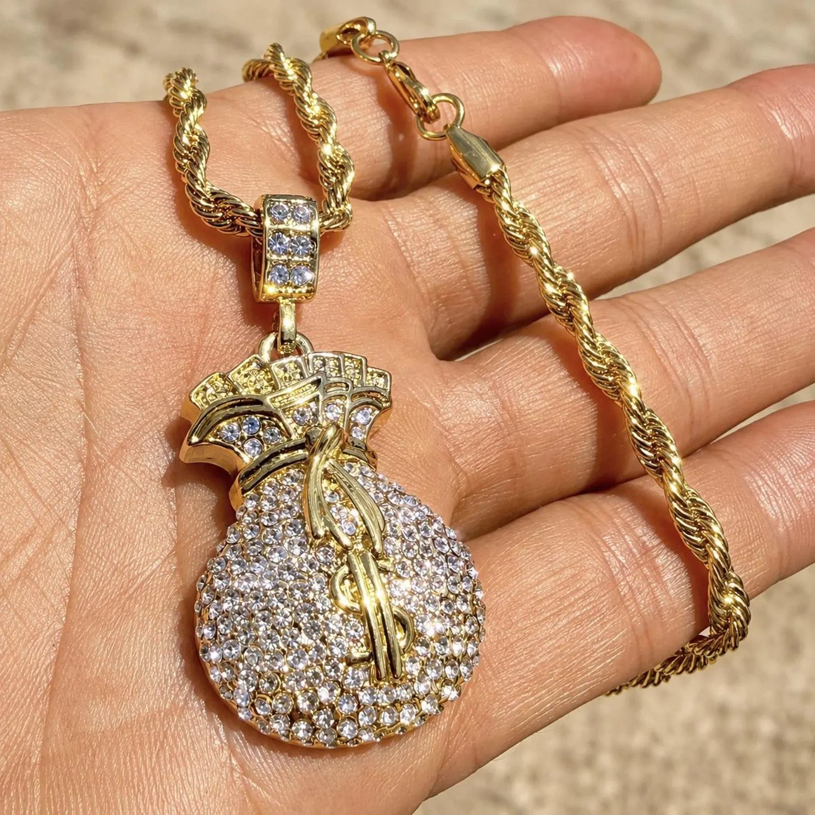 Arvani 14K gold plated CZ money dollar sign pendant with 24 inch rope chain, iced-out hip-hop pendant