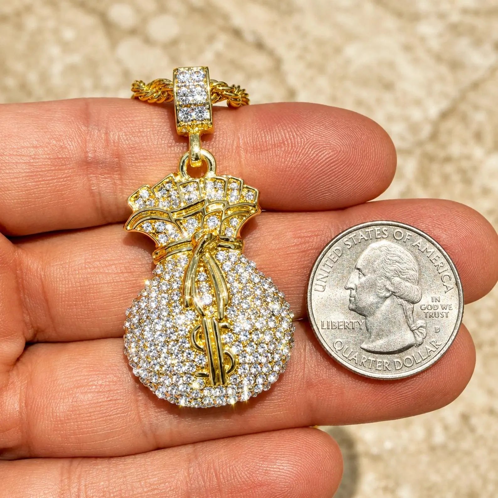 Arvani CZ dollar sign pendant with rope chain, gold plated iced-out money pendant