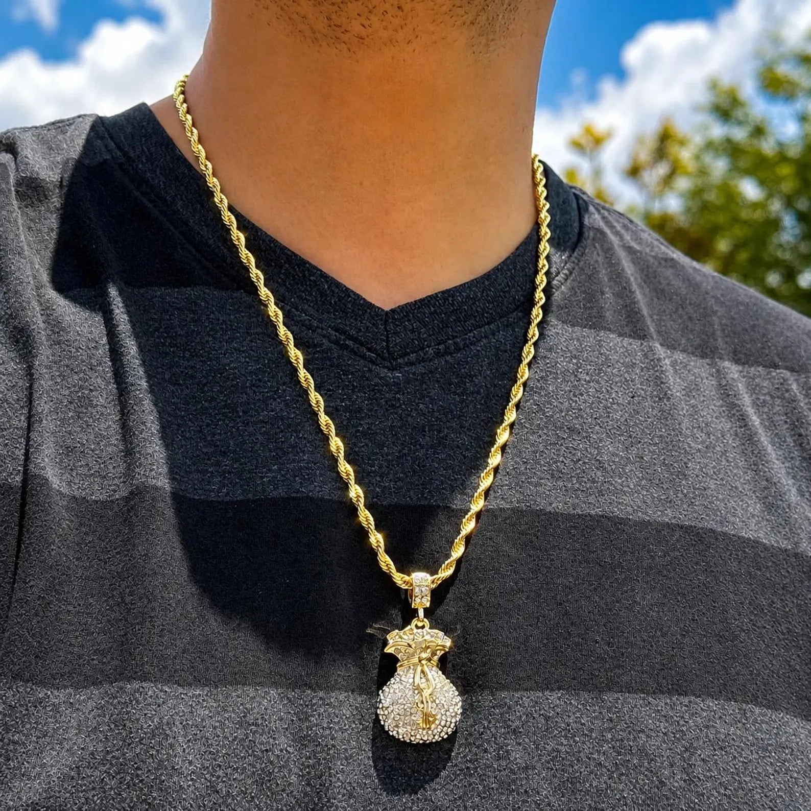 Arvani gold plated CZ money dollar sign pendant, iced-out hip-hop pendant with 24 inch rope chain