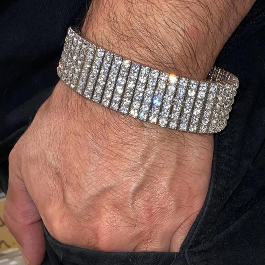 Arvani 14K white gold moissanite 6-row Cuban link bracelet, iced-out hip-hop bling bracelet