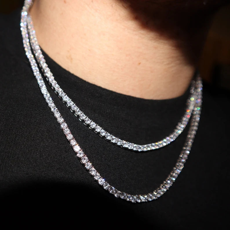 Tennis Chain VVS Moissanite 14K White Gold or Silver 3mm-4mm 18-22in