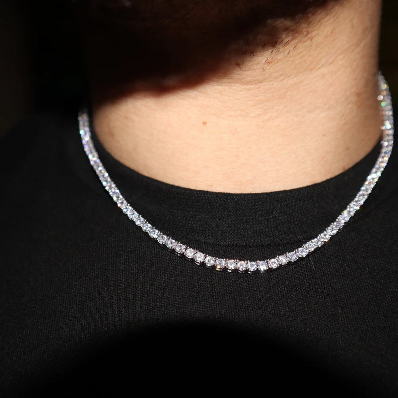 Tennis Chain VVS Moissanite 14K White Gold or Silver 3mm-4mm 18-22in
