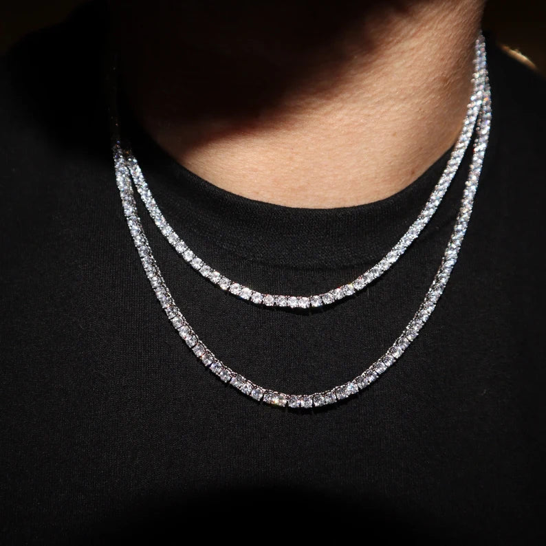 Tennis Chain VVS Moissanite 14K White Gold or Silver 3mm-4mm 18-22in