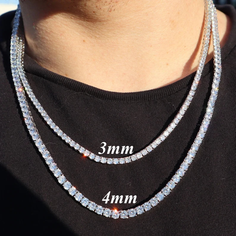 Tennis Chain VVS Moissanite 14K White Gold or Silver 3mm-4mm 18-22in