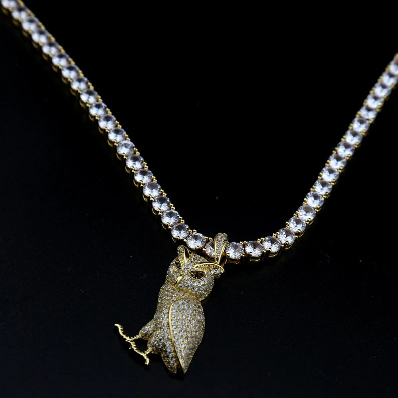 Iced Out Owl Pendant and Necklace Moissanite 14K Yellow Gold or Silver Finish