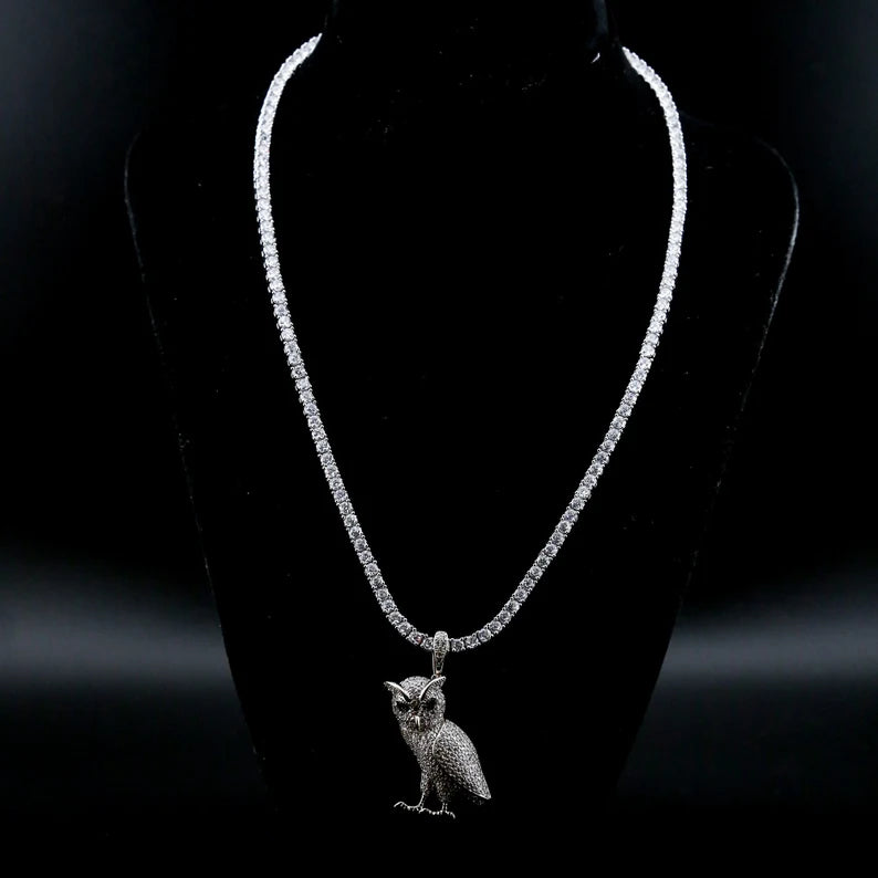 Iced Out Owl Pendant and Necklace Moissanite 14K Yellow Gold or Silver Finish