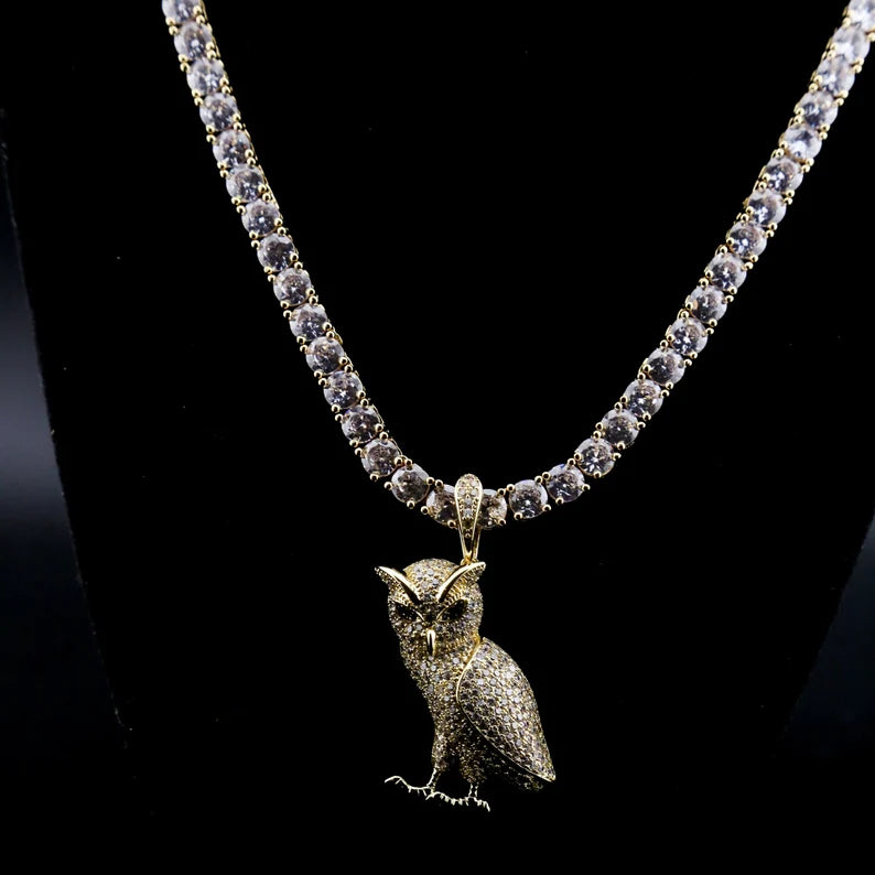 Iced Out Owl Pendant and Necklace Moissanite 14K Yellow Gold or Silver Finish