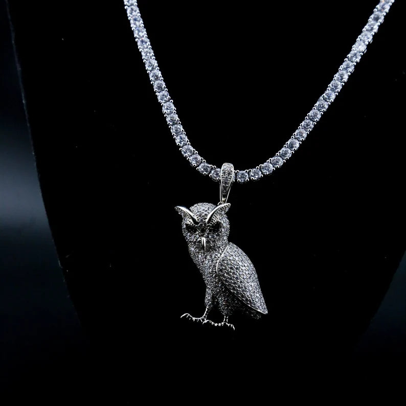 Iced Out Owl Pendant and Necklace Moissanite 14K Yellow Gold or Silver Finish