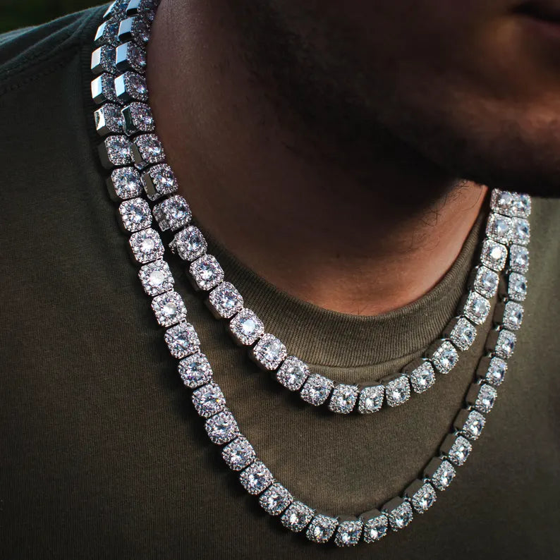 CZ Iced Out 7mm Diamond Cluster Tennis Chain: White Gold Necklace