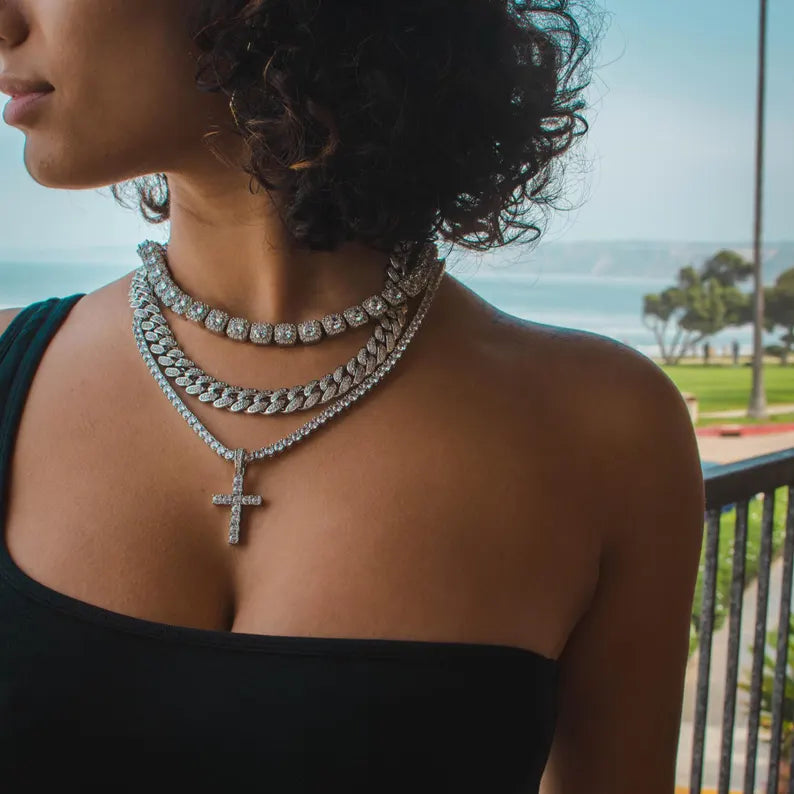 CZ Iced Out 7mm Diamond Cluster Tennis Chain: White Gold Necklace